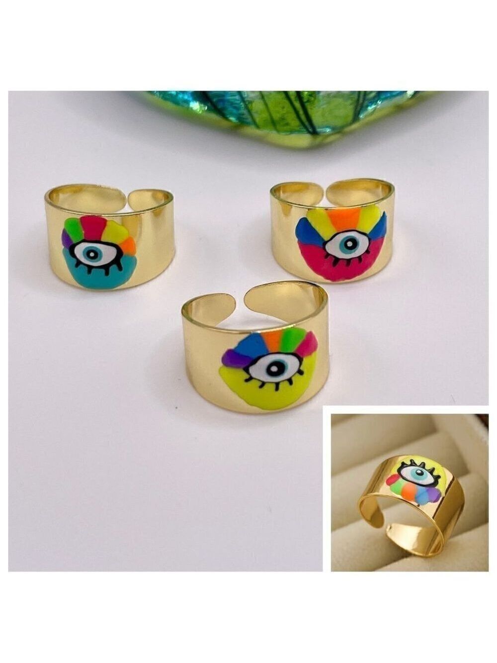 Boho Evil Eye Enamel and Copper Adjustable Ring #1300 YELLOW MULTI